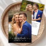 Chic Boho Script 2 foto bruiloft dank u kaart<br><div class="desc">Moderne Boho Chic Liefde en Bedankt Kalligrafie Script Bruiloft 2 Foto Dank je Kaart. Stijlvolle bruiloft dank u sjabloon met een volledige verticale foto op de voorkant met de tekst "Liefde en Bedankt" in een grillige wervelende hand belettering typografie swash tail lettertype script in witte overlay op het afbeelding. Beetje...</div>