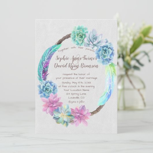 Chic Boho Succulent Cactus Feathers Wreath Wedding Kaart (Staand voorkant)