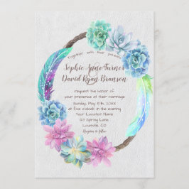 Chic Boho Succulent Cactus Feathers Wreath Wedding Kaart