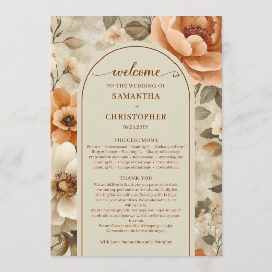 Chic Boho Terracotta Beige Sage Floral Program Programmakaart (Voorkant)