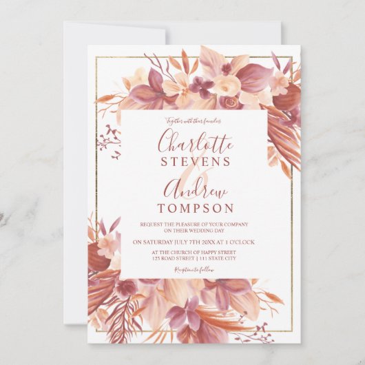 Chic boho terracotta bloemen waterverf bruiloft kaart (Voorkant)