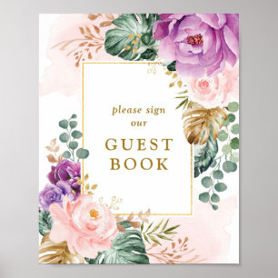 Chic Boho Tropical Flowers Wedding Guest Book Poster