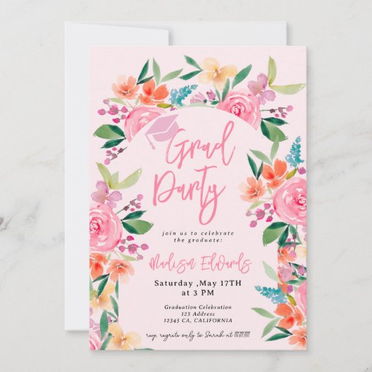 Chic Boho Waterverf Bloemen Foto Afstudeerfeest Kaart (Voorkant)