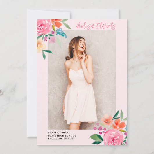 Chic Boho Waterverf Bloemen Foto Afstudeerfeest Kaart (Achterkant)