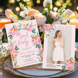Chic Boho Waterverf Bloemen Foto Afstudeerfeest Kaart