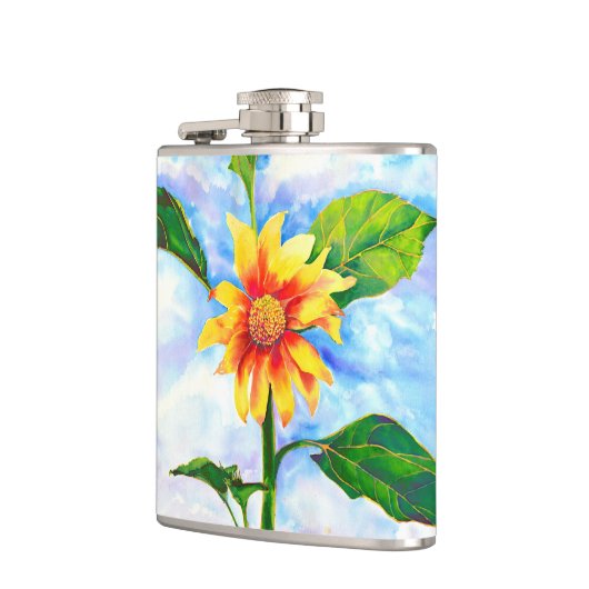 Chic boho waterverf zonnebloem schilderij heupfles (Links)