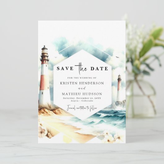 Chic Boho Waves Vuurtoren bruiloft Save The Date (Staand voorkant)