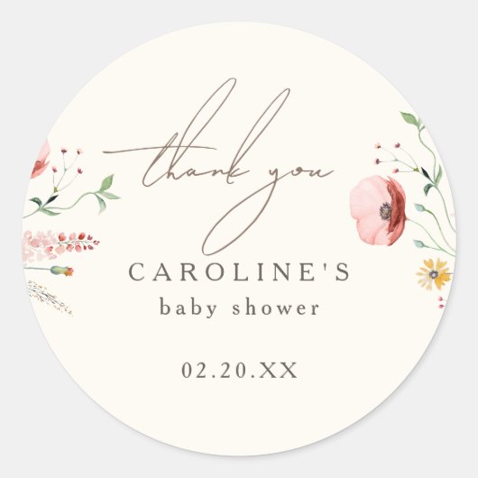 Chic Boho Wildflower Baby shower Bedankt Ronde Sticker (Voorkant)