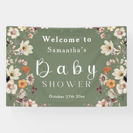 Chic Boho Wildflower Sage Groen Baby shower Spandoek (Horizontaal)