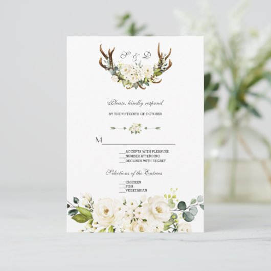 Chic Boho Witte Crème Bloemen Geweien Bruiloft  RSVP Kaartje (Staand voorkant)