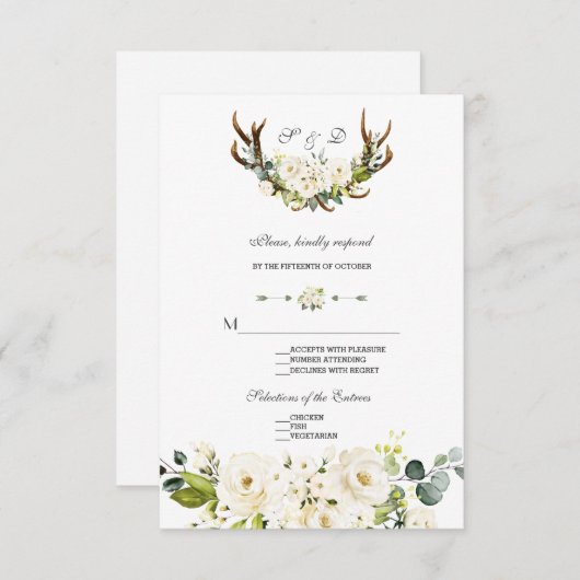 Chic Boho Witte Crème Bloemen Geweien Bruiloft  RSVP Kaartje (Voorkant / Achterkant)