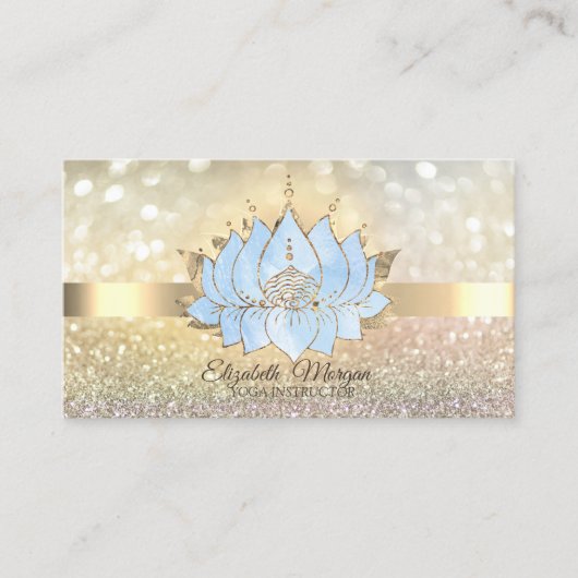 Chic Bokeh Gold, Blauwe Lotus Yoga Instructeur Visitekaartje (Voorkant)