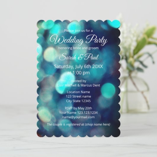 Chic bokeh licht effect co-ed paar bruiloft partij kaart (Staand voorkant)