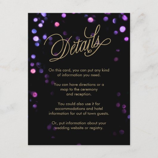 Chic Bokeh Lights Black & Gold Wedding Informatiekaartje (Voorkant)