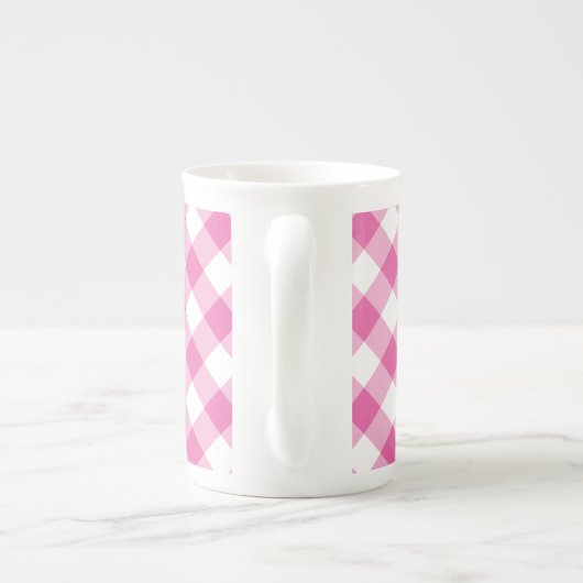 Chic Bone China Mok: roze, witte check Gingham Porselein Kop (Achterkant)