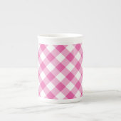 Chic Bone China Mok: roze, witte check Gingham Porselein Kop (Voorkant)