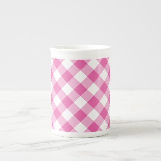 Chic Bone China Mok: roze, witte check Gingham Porselein Kop (Voorkant)
