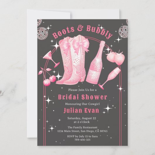 Chic Boots & Bubbly Cowgirl Roze Vrijgezellenfeest Kaart (Voorkant)