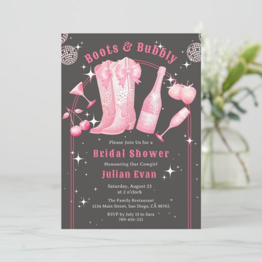 Chic Boots & Bubbly Cowgirl Roze Vrijgezellenfeest Kaart (Staand voorkant)