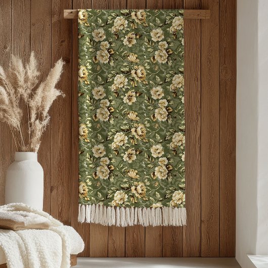 Chic Botanical Blanket Sage Green and Gold Style Fleece Deken