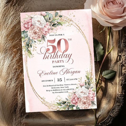 Chic Botanical Blush 50th Birthday Party Invites Kaart