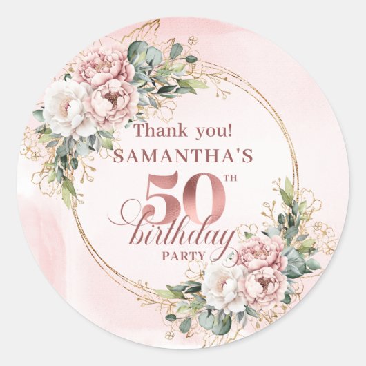 Chic Botanical Blush Pink 50th Birthday Stickers (Voorkant)
