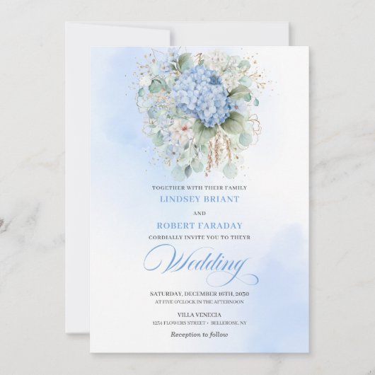 Chic Botanical Boho Pastel Blue Hydrangea Wedding Kaart (Voorkant)