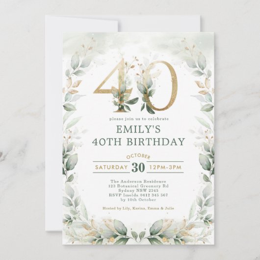 Chic Botanical Greenery Gold Garden 40th Birthday Kaart (Voorkant)