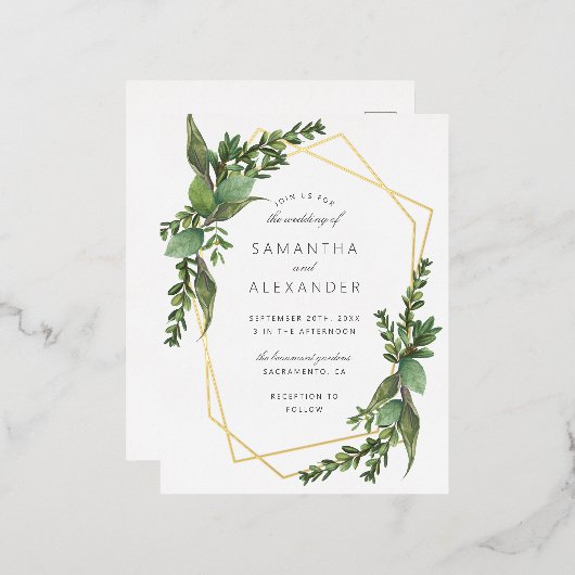 Chic Botanical Greenery & Gold Geometric Wedding Folie Uitnodiging Briefkaart (Voorkant / Achterkant)
