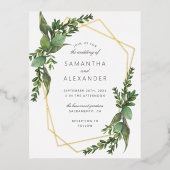 Chic Botanical Greenery & Gold Geometric Wedding Folie Uitnodiging Briefkaart (Voorkant)