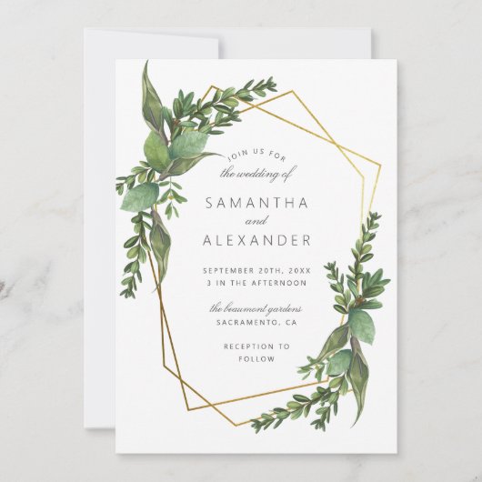 Chic Botanical Greenery & Gold Geometric Wedding Kaart (Voorkant)