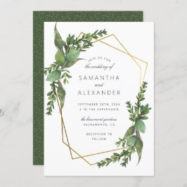 Chic Botanical Greenery & Gold Geometric Wedding Kaart