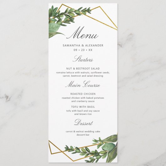 Chic Botanical Greenery & Gold Geometric Wedding Menu (Voorkant)