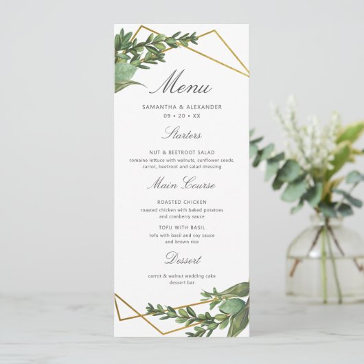 Chic Botanical Greenery & Gold Geometric Wedding Menu (Staand voorkant)