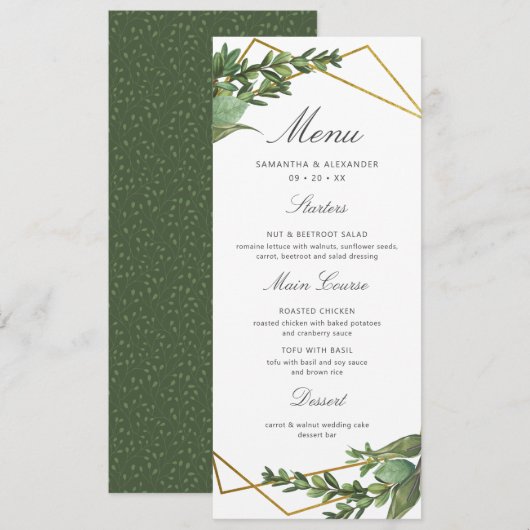 Chic Botanical Greenery & Gold Geometric Wedding Menu (Voorkant / Achterkant)