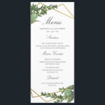 Chic Botanical Greenery & Gold Geometric Wedding Menu<br><div class="desc">Deze menukaart is de perfecte aanvulling op je trouwbenodigdheden! Dit ontwerp is voorzien van een waterverf botanische groen en faux gouden folie geometrisch lijst met een stijlvolle en moderne typografie met "Menu" en voedselopties. Deze kaart keert terug naar een donkergroene achtergrond met een delicaat botanisch patroon.</div>