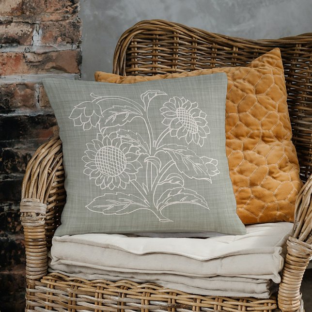 Chic Botanical Ivory Sunflower Art over Sage Green Kussen (Creator heeft geüpload)