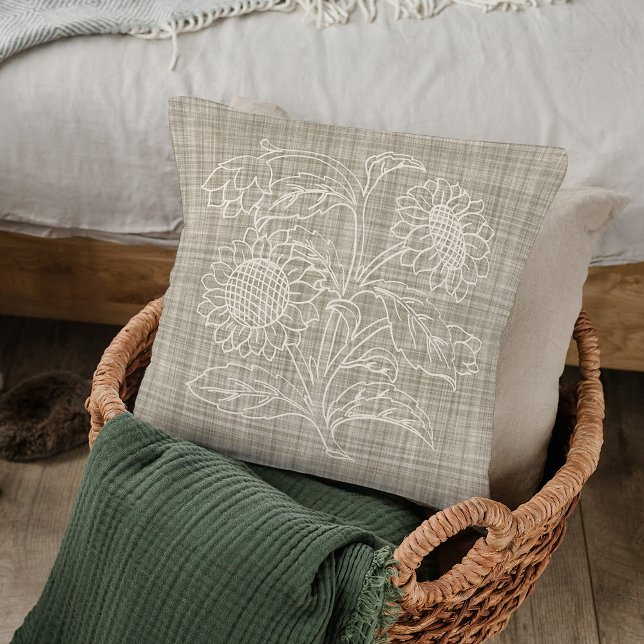 Chic Botanical Ivory Sunflower op donkerbeige Kussen (Creator heeft geüpload)