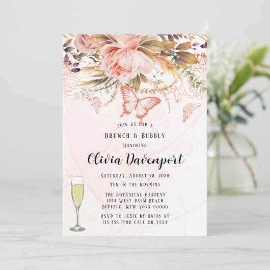 Chic Botanical Peony Butterfly Brunch & Bubble Kaart (Staand voorkant)