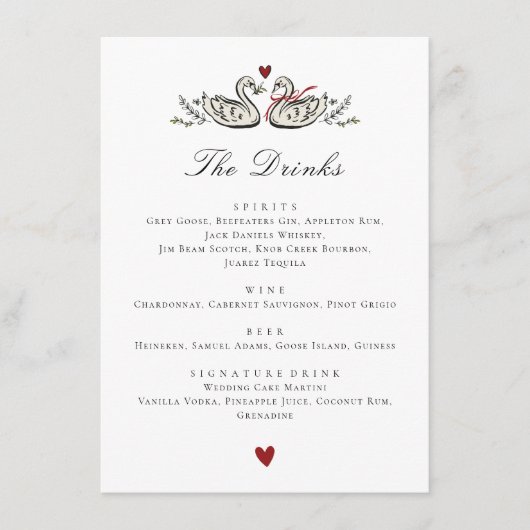 Chic Botanical Swan Couple Wedding Beverage List Menu (Voorkant)