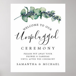 Chic Botanical Unplugged Wedding Ceremony Sign Poster