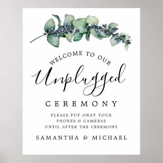 Chic Botanical Unplugged Wedding Ceremony Sign Poster (Voorkant)