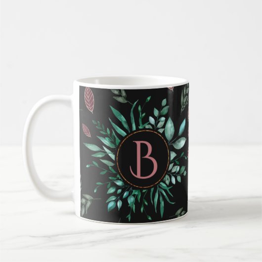 Chic Botanisch Monogram in Groen, Wijnrood & Zwart Koffiemok (Links)