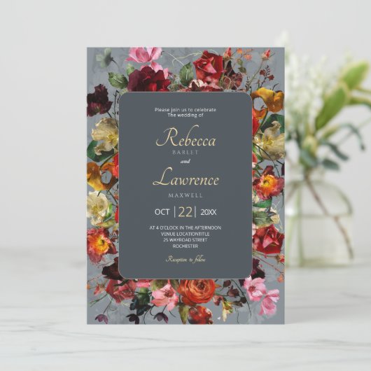 Chic botanische grijze bruiloft uitnodiging (Staand voorkant)