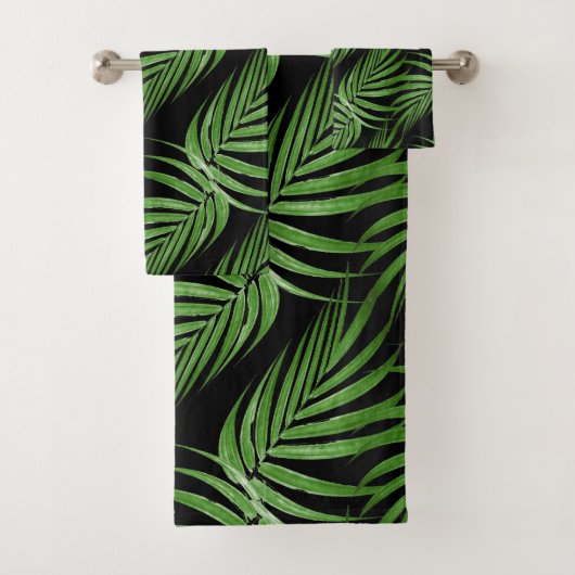 Chic Botanische Groene Palm Bladeren op Zwart Bad Handdoek (Insitu)