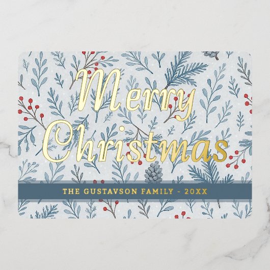 Chic Botanische Holly Berry Bloemen Patroon Goud Folie Feestdagenkaart (Voorkant)