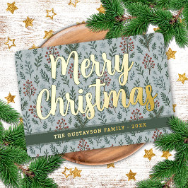 Chic Botanische Holly Berry Bloemen Patroon Goud Folie Feestdagenkaart