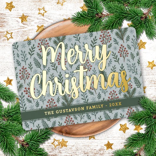 Chic Botanische Holly Berry Bloemen Patroon Goud Folie Feestdagenkaart