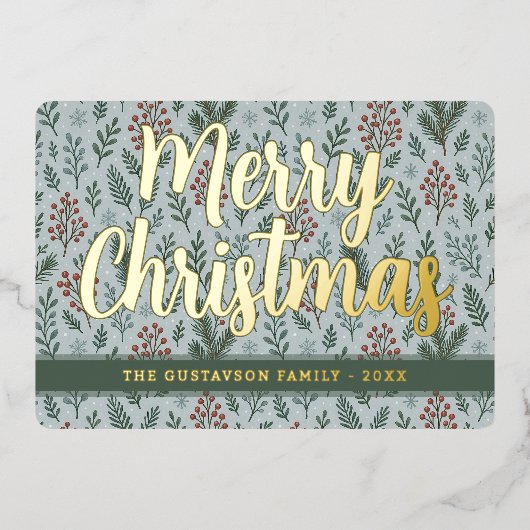 Chic Botanische Holly Berry Bloemen Patroon Goud Folie Feestdagenkaart (Voorkant)