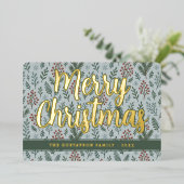 Chic Botanische Holly Berry Bloemen Patroon Goud Folie Feestdagenkaart (Staand Voorkant)